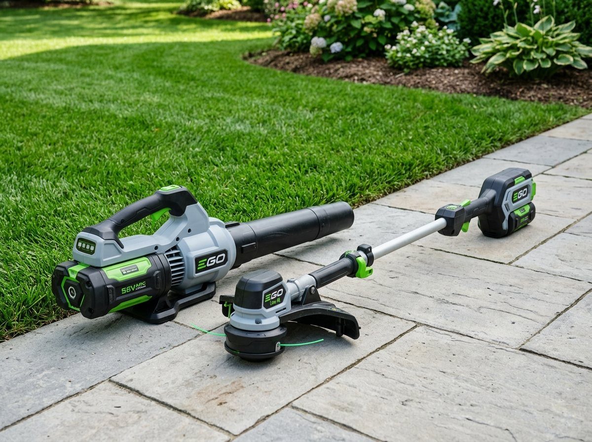 EGO Cordless Trimmer & Blower on Paver Walkway